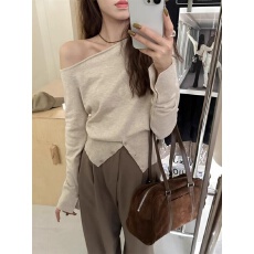 批发已出货 <b class='q'>不规则</b>斜肩开衩<b class='q'>针织衫</b>女2025早秋季新款法式气质长袖上衣