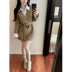 批发已出货 韩版假两件<b class='q'>衬衫</b>拼接系带收腰针织连衣裙女秋冬短款毛衣女