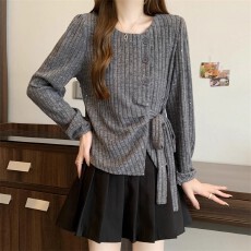 批发已出货 法式<b class='q'>不规则</b>长袖<b class='q'>针织衫</b>女秋季别致打底衫胖MM遮肉显瘦上衣