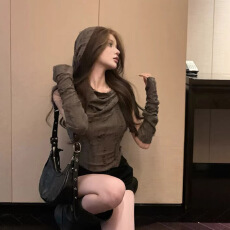 批发已出货 废土风甜辣妹短款袖套上衣女春夏破洞背心连帽打底衫<b class='q'>T</b><b class='q'>恤</b>