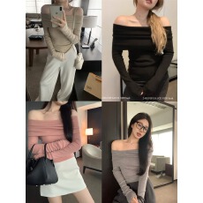 已出货 40支莫代尔260克人棉一字肩长袖女秋季修身温柔气质上衣