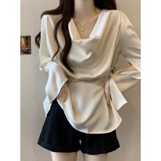 批发已出货 弹力缎早春新款法式轻熟气质荡领缎面收腰<b class='q'>长袖</b>衬衫上衣