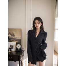 批发已出货 雪纺四面弹条纹长袖衬衫新款百搭修身收腰显瘦中长款