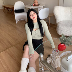 批发已出货 辣妹胸前镂空上衣性感褶皱修身韩chic轻熟长袖T恤两件套