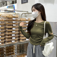 批发已出货 高弹条时尚洋气上衣小众设计感辣妹修身显瘦长袖镂空t恤