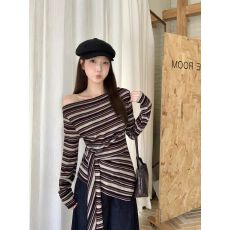 批发已出货 原版布料 韩系设计感小众一字肩条纹绑带<b class='q'>长袖</b>T恤打底衫