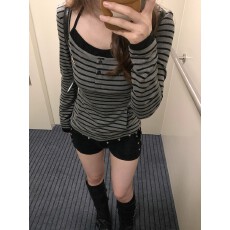 批发已出货 原版色织条 韩系挂脖假两件条纹<b class='q'>长袖</b>t恤女打底衫上衣潮