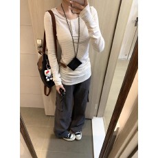 批发已出货 原版色织条 韩系简约条纹<b class='q'>长袖</b>t恤女装收腰打底内搭上衣