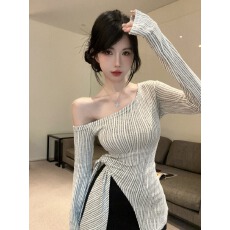 批发已出货 原版布料 小众斜领竖纹理秋季<b class='q'>韩版</b>修身显瘦系带上衣ins