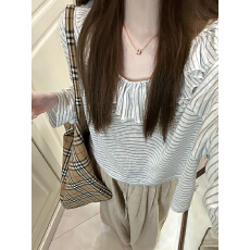 批发已出货 天丝罗纹120克1*1 蓝色条纹荷叶甜美木耳边<b class='q'>衬衫</b>上衣女