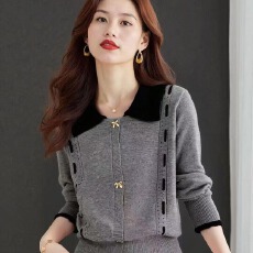 批发已出货 秋冬新款<b class='q'>韩版</b>甜美拼色娃娃领蝴蝶结纽扣长袖开衫上衣女