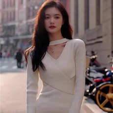 批发已出货 法式配大衣针织<b class='q'>连衣裙</b>女秋冬内搭修身气质v领毛衣打底裙子