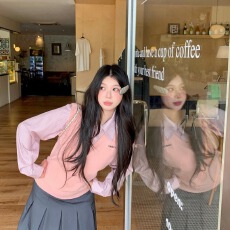 批发已出货 早秋甜美小套装女条纹长袖衬衫叠穿外搭针织V领马甲两件套