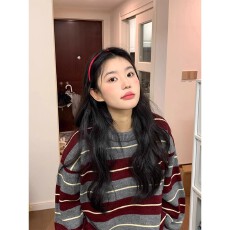 已出货 韩系慵懒风复古撞色条纹毛衣女秋冬宽松外穿套头针织上衣