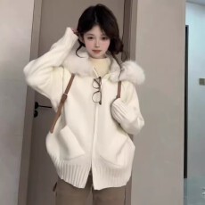 批发已出货 软糯慵懒风温柔连帽毛领针织衫外套女秋<b class='q'>冬</b>季百搭开衫毛衣