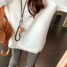 已出货 德绒韩系假两件蕾丝边长袖t恤女早秋米白色宽松打底衫上衣