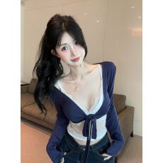 批发已出货 纯欲辣妹性感v领女秋季长袖t恤<b class='q'>罩衫</b><b class='q'>蕾丝</b>内搭吊带两件套