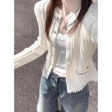 已出货 韩系小香风长袖白色针织开衫女2025早秋季设计感外套上衣