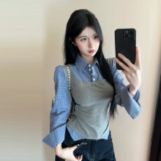 批发已出货 辣妹假两件格子拼接翻领长袖<b class='q'>衬衫</b>复古气质百搭显瘦上衣女
