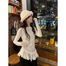 批发已出货 芭蕾风花边下摆长袖T恤女小众别致显瘦内搭叠穿打底上衣