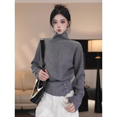批发已出货 高领<b class='q'>长袖</b>针织衫女秋冬韩系穿搭气质收腰修身蝙蝠袖毛衣