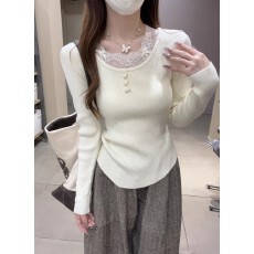 批发已出货 韩系千金风蕾丝拼接女春秋冬季纯欲内搭毛衣针织<b class='q'>短</b>上衣