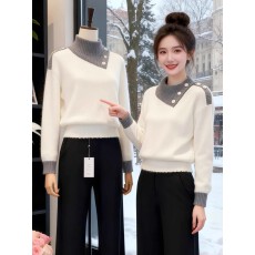 批发已出货 撞色<b class='q'>短</b>款毛衣冬季女新款韩系慵懒风厚款针织衫翻领上衣