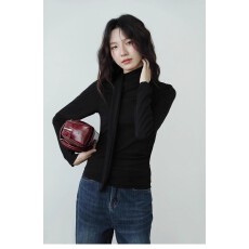 批发已出货 黑色飘带镂空设计显瘦小众长袖T恤<b class='q'>女</b>春季半高领韩系上衣服