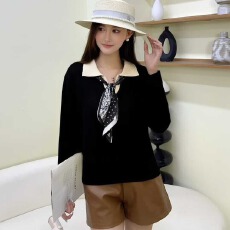 批发已出货 秋冬新款韩系百搭时尚半开polo领配丝巾长袖针织上衣<b class='q'>女</b>