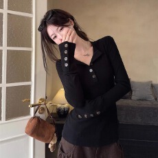 批发已出货 辣妹风半开领纽扣长袖T恤打底衫<b class='q'>女</b>秋冬短款修身显瘦上衣