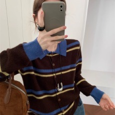 批发已出货 韩搭撞色条纹针织开衫<b class='q'>女</b>2025秋冬新款设计感上衣<b class='q'>毛衣</b>潮