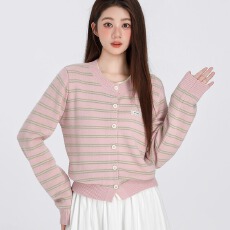 批发已出货 韩系假两件条纹针织开衫<b class='q'>女</b>2025秋季新款撞色<b class='q'>毛衣</b>短款上衣