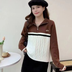 批发已出货 秋冬季新款 美式复古半开拉链撞色立领<b class='q'>毛衣</b>修身设计感外套