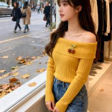 批发已出货 秋冬新款韩版时尚显瘦百搭一字肩长袖<b class='q'>针织衫</b><b class='q'>女</b><b class='q'>毛衣</b>上衣