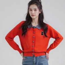 批发已出货 秋冬新款猫咪刺绣独特漂亮洋气翻领针织开衫长袖上衣女