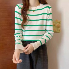 批发已出货 秋季短款韩版撞色条纹长袖针织衫针织新款毛衣设计上衣