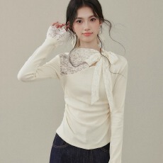 批发已出货 韩系高级感蕾丝蝴蝶结系带长袖t恤女秋冬内搭独特绝美上衣