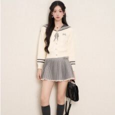 批发已出货 学院风甜美海军领开衫毛衣女秋冬装蝴蝶结<b class='q'>短款</b>针织衫上衣