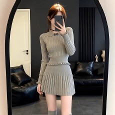 批发已出货 法式娃娃领蝴蝶结针织衫上衣半身裙两件套女秋季套装裙