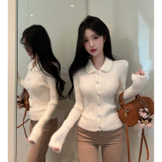 批发已出货 香风POLO领拼接毛绒上衣甜美<b class='q'>短款</b>单排扣条纹开衫撞色毛衣