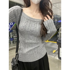 已出货 秋季新款麻花毛衣拉夫风复古针织衫一字领露肩长袖上衣