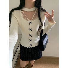 批发已出货 纯欲蕾丝拼接<b class='q'>假两件</b><b class='q'>针织衫</b>女秋冬修身显瘦内搭打底衫上衣