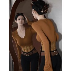 批发已出货 广州软糯<b class='q'>羊绒</b>230克1*1 独特辣妹v领蕾丝长袖t恤女上衣