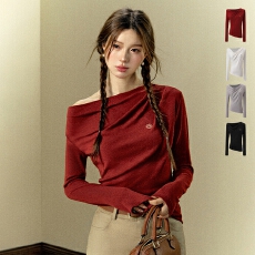 批发已出货 原版做法斜肩打底衫长袖不规则上衣<b class='q'>百搭</b>内搭