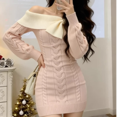 批发已出货 针织质量+针织<b class='q'>连衣裙</b>女秋冬新长袖<b class='q'>收腰</b>显瘦包臀裙蝴蝶结