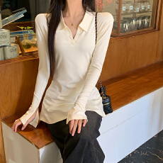 批发已出货 260克<b class='q'>莫代尔</b>螺纹开叉长袖T恤女春秋冬翻领polo领打底衫