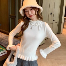 批发已出货 <b class='q'>北极</b><b class='q'>绒</b>设计感花瓣领系带针织打底衫女新款毛衣木耳边上衣