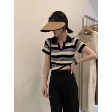 批发已出货 纯棉 polo衫复古条纹设计感修身短款上衣女