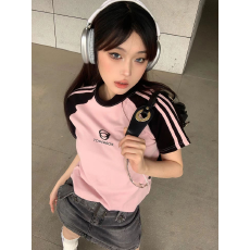 批发已出货 纯棉 美式复古辣妹三条杠拉短袖<b class='q'>t</b><b class='q'>恤</b>女