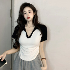 批发已出货 纯棉 polo领短袖修身显瘦撞色短款辣妹上衣